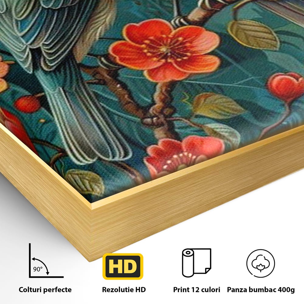 Detaliu al suprafetei: tablou canvas cu pasari pe creanga, in rama de aluminiu auriu